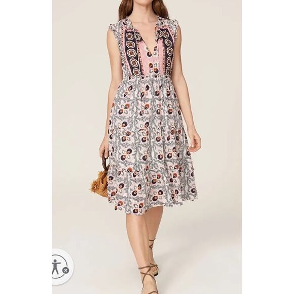 Figue Lily Clara midi dress Sz M White Blue Floral Tiered Boho Cottagecore - Picture 1 of 15